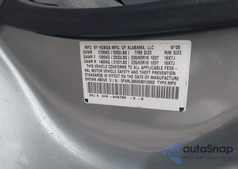 2006 Honda Odyssey Ex-L z USA, uszkodzony, nr VIN 5FNRL38606B012992